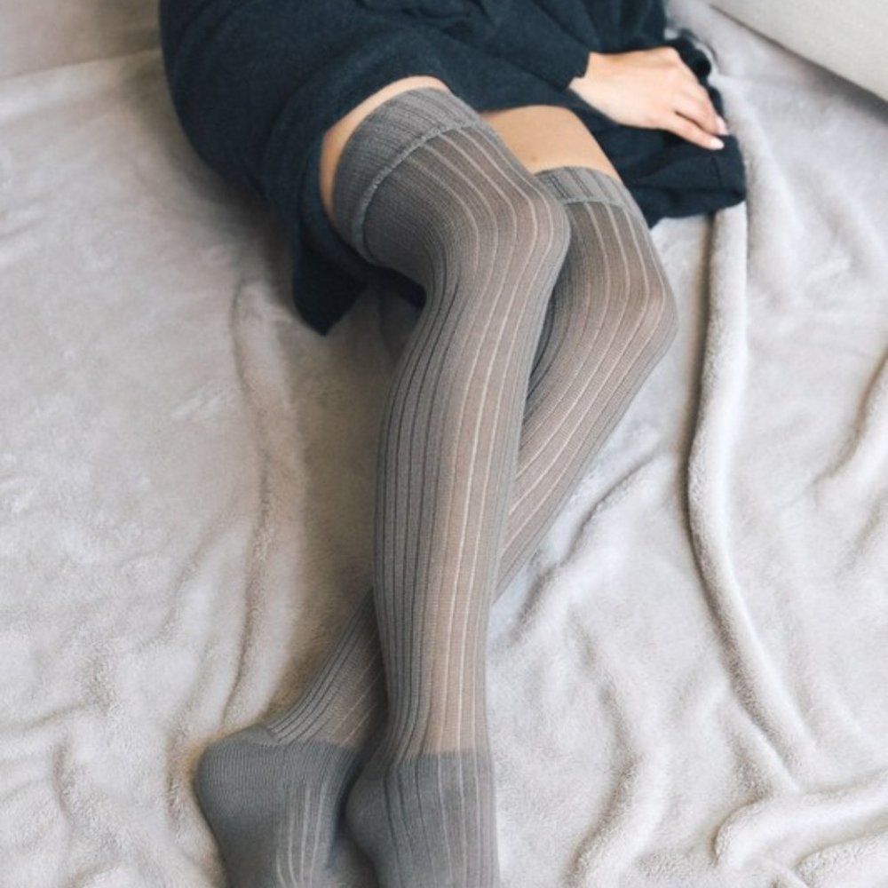 Grey Ribbed Classic Thigh High Socks - Picture 3 of 5